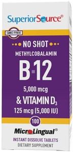 Superior Source NO Shot Methylcobalamin B-12 5,000 mcg with D3 5,000 IU - Energy & Heart Health Supplement - Multivitamin with Vitamin D3 for Bone Support - 100 Instant Dissolve Tablets