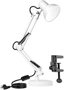AmeriTop Metal Desk Lamp, Adjustable Goose Neck Swing Arm Table Lamp with Interchangeable Base Or Clamp; Eye-Caring Study Desk Lamps for Bedroom, Study, Office, Table (White)