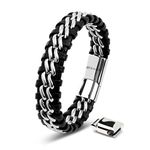 SERASAR 8″ Silver Leather Bracelets for Men - Mens Bracelets Cowhide Gift-Box Braided Bracelet Stainless Steel Jewelry Wrist-Band Cuff Wrap Rope Bangle Dad Boy Pulseras para Hombres Cuero Regalo