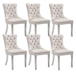 Velvet Dining Chairs Set of 6, Upholstered Dining Room Chairs with Back Ring Pull Trim and Sliver Stainless Steel Legs,Modern Kitchen Chairs Perfect for Dining Room,Living Room,Kitchen(Beige)