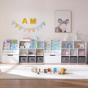 Fatmok Kids Bookshelf and Toy Storage, 2 Pack 58.5’’ Toy Organizer with Movable Chests & 3 Storage Bins, Large Kids Reading Nook with 5 Cubbies for Playroom, Bedroom, Nursery, White
