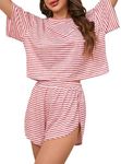 OYOANGLE Women's Two Piece Pajama Set Striped Print Crew Neck Short Sleeve Tee and Side Split Shorts Set Red and White X-Large