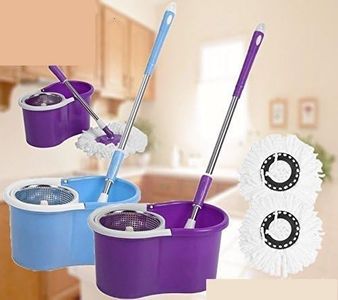 1 Set Spinning Mop Bucket Stainless Steel 360° Easy Clean 2 Spin Heads Wheel Cleaning Blue / Purple Color Random