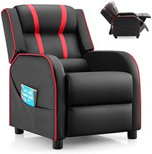 Costzon Kids Recliner, Gaming Recliner Chair w/Side Pockets, Footrest, Headrest & Lumbar Support for Kids Room & Play Room, Adjustable Racing Style Leather Sofa for Children Boys Girls (Red, Black)