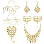 BESTEEL 6 Pcs Belly Dance Jewelry Set for Women Gold Head Chains Necklace Earrings Bracelets Anklet Halloween Cosplay