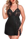 Avidlove Women's Lingerie Sexy Lace Babydoll Mesh Strap Chemise Halter V Neck Nightgown Black XXL