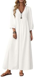 Celmia Cotton Dress for Women Summer Boho Puff Sleeve Linen Maxi Dress White X-Large
