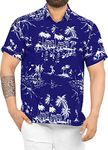 LA LEELA Men's Hawaiian Shirt Summer Beach Dress Shirts (Indigo, Island View,X-S)