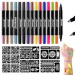 Sovano Temporary Tattoo Markers for Skin, 15 Tattoo Pens Dual-End for Kids Adults, Skin Safe Body Markers with 82 Tattoo Stencils, Body Art Pens Glitter Metallic Matte, Washable