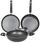 Platt Onyx Granite Non Stick Aluminum Cookware Set 3Pc,24cm Dosa Tawa + 24cm Kadai with Tempered Glass Lid 2.5ltr + 24cm Fry Pan, Color Dark Grey, Induction Compatible