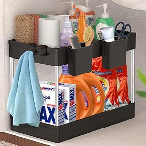 Under Sink Organizer 2 Tier Kitchen Bathroom Under Sink Shelf with 2 Hooks and 2 Hanging Cups Multi-Purpose Kitchen Storage & Organization for Bathroom Cabinet Countertop, Kitchen Shelf Basket