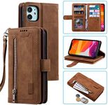 UEEBAI Wallet Case for iPhone 11 6.1 inches, Retro 9 Card Holder Slots Zipper Pocket Handbag Case PU Leather Magnetic Closure Kickstand with Wrist Strap TPU Shockproof Flip Case - Brown