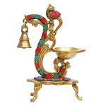 Artvarko Brass Multicolor Bird Peacock Traditional Hanging Bell Diya Oil Lamp Stand Diwali Puja Home Office Temple , 8 Inches