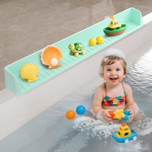 Akrelyan 2.6-Ft Bathtub Splash Guard for Tub Kids, Silicone Splash Shield with 11 Suction Cups, Toy Tray Shelf, No Spill Water Barrier, Prevents Mess, Fun Bathtime for Toddlers Baby–Green