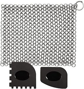 CHANSHIN Cast Iron Cleaner with Pan Scrapers Stainless Steel Scourer 7x7 Inch Chainmail Scrubber for All Types of Skillet Griddles, Durable Plastic Pan Grill Scrapers