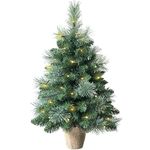 Pre-lit Mini Artificial Christmas Tree 60cm/2ft,68 PVC Branches Tips & 17 Flowering Pine Needles & LED String Lights & Burlap Wrapped Base Green Xmas Tree for Tabletop