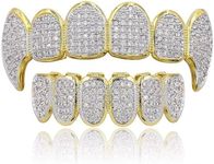 JINAO Gold Fang Grills 18k Gold-Tone All Iced Out Luxury Cubic Zirconia Hip Hop Bling Vampire Fangs Gold Mouth Grillz for Your Teeth Set with Extra Molding Bars Included (vampire gold set)