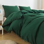 TanNicoor Pom Fringe Duvet Cover Set - 3 Piece Natural Ultra SOFE Color Washed Microfiber Bedding Set, Modern Style Down Comforter Quilt Cover with Zipper Closure(Queen, Emerald Green)