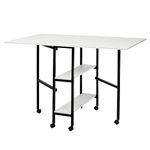 Sewing Online Quilting/Fabric Cutting Table, White Top with Black Legs and Wheels - Folding Craft Table with 2 Drop Leaves and 2 Storage Shelves. Extra Workspace for Sewing and Hobby Projects - WC1012