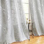 Fmfunctex Grey Semi Sheer Voile Curtains for Living Room 72 Drop Eyelet Curtains for Bedroom Branch Silver Foil Curtains Linen Textured Light Filtering Window Curtain Drapes for Dining Room 2 Panels