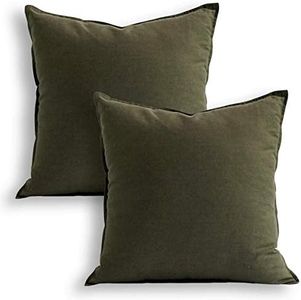 18"x18" Solid Cotton Linen Decoration Green Throw Pillow Case with Zipper Euro Sham Cushion Case Cool Pillow Cover Delicate Decorative Pillowcase for Chair/Bed/Couch, (45 x 45cm),2 Packs, Olive Green