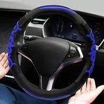 NICEASY Sport Style Black Leather Steering Wheel Cover with Blue Lucky-Cloud-Design Grip Steering Wheel Accessory,Universal Fit 14.5-15.25 inch Steering Wheel