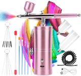 Airbrush Kit with Compressor Rechargeable Portable Air Brush Paint Kit High-Pressure Nail Airbrush with Nozzle and Cleaning Brush Set for Nail Art, Makeup, Painting, Cake Decor (Pink) (Pink)