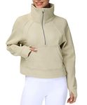 THE GYM PEOPLE Womens' Half Zip Pullover Fleece Stand Collar Crop Sweatshirt with Pockets Thumb Hole Khaki