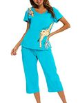 ENJOYNIGHT Womens Pyjamas Short Sleeve Top and Cropped Bottoms Pjs Set Cotton Loungewear Cute Print Nightwear (XX-Large,Blue Giraffe)