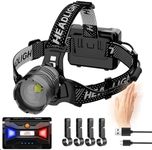 WholeFire Rechargeable LED Head Torch 20000 Lumens, Super Bright Headlamp with 3 Light Modes & Motion Sensor, 90° Adjustable & Waterproof Head Flashlight for Camping, Running, Hiking