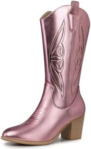 SHIBEVER Cowboy Boots for Women Mid: Black Wide Calf Cowgirl Boots Western Embroidered Country High Heel Round Toe Booties Size, 2684-pink, 7