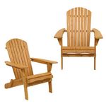 Bonnlo Wood Adirondack Chair Ergonomic Design (2pk), Folding Outdoor Patio Lounger Armchair Furniture w/Natural Finish, for Beach, Poolside, Balcony (Set of 2)