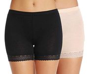 PLUMBURY Women's/Girl's Cotton Lycra Shorts With Lace Trim Cycling Shorts/Safety Shorts/Under Skirt Shorts/Night Shorts, Free Size, (Pack Of 2) Black-Beige