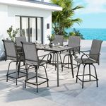 MFSTUDIO Patio Bar Set of 7 with 1 Heavy Duty Metal Slat Bar Table with 6 Pieces Sling Outdoor Bar Height Stool, Grey