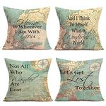 Royalours Pillow Covers Retro Map Compass Geography Background with Inspirational Words Cotton Linen Decorative Throw Pillow Case Cushion Cover for Home Sofa Decor 18 X 18 Set of 4 (Map Set)