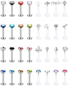 Kakonia 32Pcs 16G Lip Rings Stainless Steel Labret Studs Monroe Ring Piercing Jewellery for Women Men Conch Cartilage Tragus Helix Earring Barbells 6mm 8mm 10mm, Stainless Steel