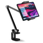 iPad Stand Holder Mount, Aluminum Long Arm Tablet Clamp Mount for Desk, 360° Swivel Phone Holder for Bed, Compatible with 4.5-13inch Mobile Phone and Tablet – Black