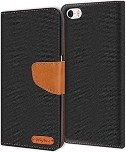 Verco Coque pour iPhone SE, Étui Portefeuille Compatible avec Apple iPhone 5S Case Textures de Fibre Housse de Protection, Noir