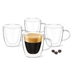 DLux Espresso Coffee Cups 80ml, Double Wall, Clear Glass Set of 4 3oz Glasses with Handles, Insulated Borosilicate Glassware Tea Cup