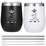 HLIKEM Pack Of 2 Wine Tumbler 50 Years Mr Right Mrs Always Right 50th Wedding Engagement Anniversary Cups for Couple Parents Stainless Steel Insulated Wine Glass with Straws and Brush