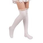 Fatu Fashion Womens Thigh High Socks Lace Boot Socks Knee High Socks Warmer Lace Trim Long Stocking for Cosplay, White, One Size