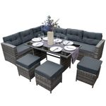 Rattan Corner Dining Set Outdoor Garden Furniture Grey 9-Seater L Shape Sofa Stools Tempered Glass Table UV Protected Waterproof Grey Seat Back Cushions Patio Conservatory Lounge FREE Rain Cover