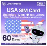 USA Prepaid Sim Card (Uses T-Mobile), Unlimited Talk, Text, Data & 3GB High-Speed Data, Quick Activation, Reloadable, Easy to Use, Jethro Mobile US SIM Card for Canadian Travelers (2 Month)