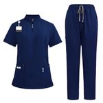 Scrub Set Soft Top and Joggers Pant for Pet Groomer Beauty Salon SPA Cosmetology, Navy Blue, S