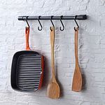 KAIYING Kitchen Utensil Rack with Removable S Hooks for Hanging Pots and Pans, Rod Hooks for Mugs, Wall Mounted Kitchen Rail Organiser, Aluminium,(Black-5 Hooks)