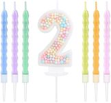 EAKE Number 2 Birthday Candle with 6 Pcs Rainbow Pearl Candles, 3D Macaron Number 2 Candle Birthday Girl Women Sweet Theme 2 Years Old Birthday Anniversary Party Decor