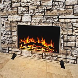 Premium Tempered Glass Fireplace Screen with Exclusive Beveled Edge | 33" H x 46" W Glass (34” H Installed) | Clear Glass, Metal Black Base | The Ultimate in Home Elegance by Clearly Innovative