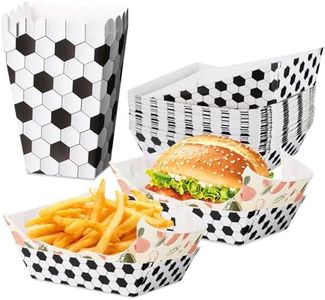 RANERVZ 48Pcs Soccer Party Decorations Soccer Paper Food Trays Popcorn Boxes Soccer Serving Boats Popcorn Bucket with 50Pcs Grease Resistant Liner Papers for Soccer Game Day Birthday Party