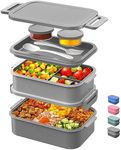 DaCool Adults Lunchbox Bento Box - 74 OZ All-in-One Stackable Leakproof Bento Lunch Box for Adults Men Women Teens Large Lunch Box Containers with Fork Spoon Sauce Box for Dining Out Work School,Grey