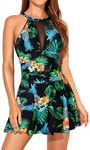 Holipick Women's One Piece Swim Dress High Neck Swimsuit Tummy Control Halter Modest Skirt Bathing Suits Long Swimdress, Black Pineapple, Small